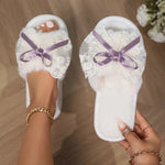 Kawaii Bowknot Plush Slippers, Open Toe Slip On Flat Fuzzy Shoes, Winter Warm Home Floor Slippers