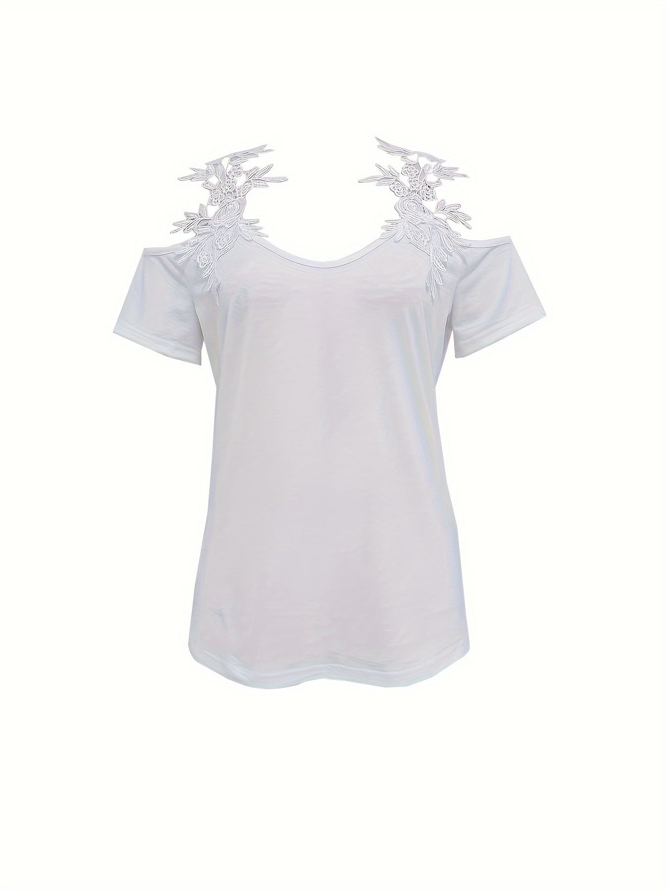 Cold Shoulder Lace Strap T-Shirt, Casual Short Sleeve T-Shirt For Spring & Summer, Women's Clothing