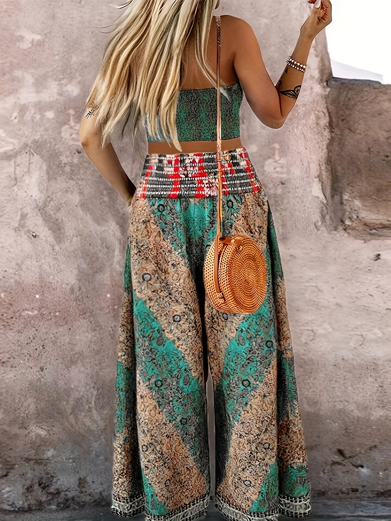 Printed Suspender Elastic Waist Skirt and Wide Leg Pants Two-Piece Set