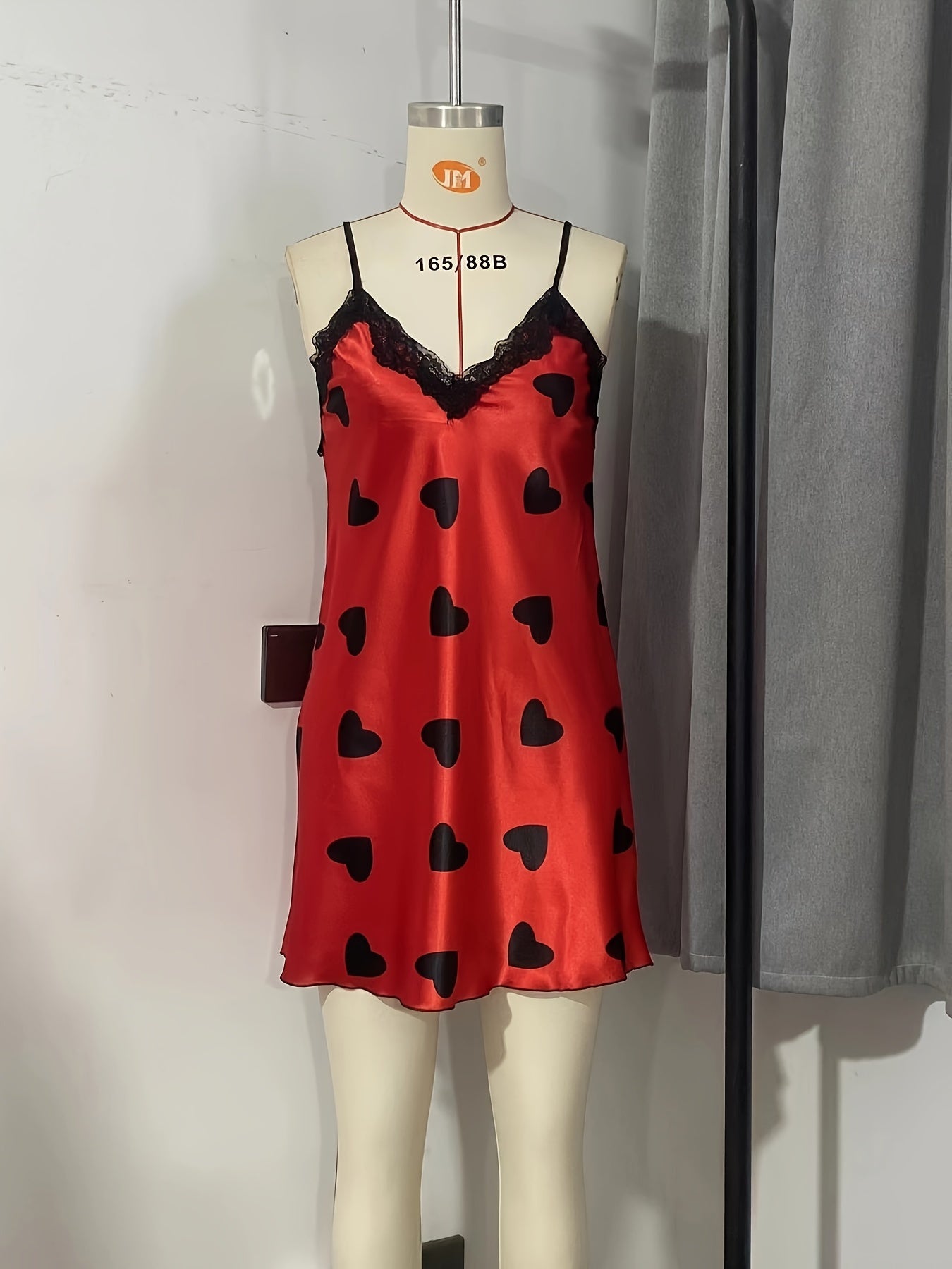 Sexy Heart Print Lace Trim V Neck Backless Slip Nightdress - Micro Elastic Polyester Sleep Mini Dress for Women - Machine Washable, All-Season, Random Printing, Woven
