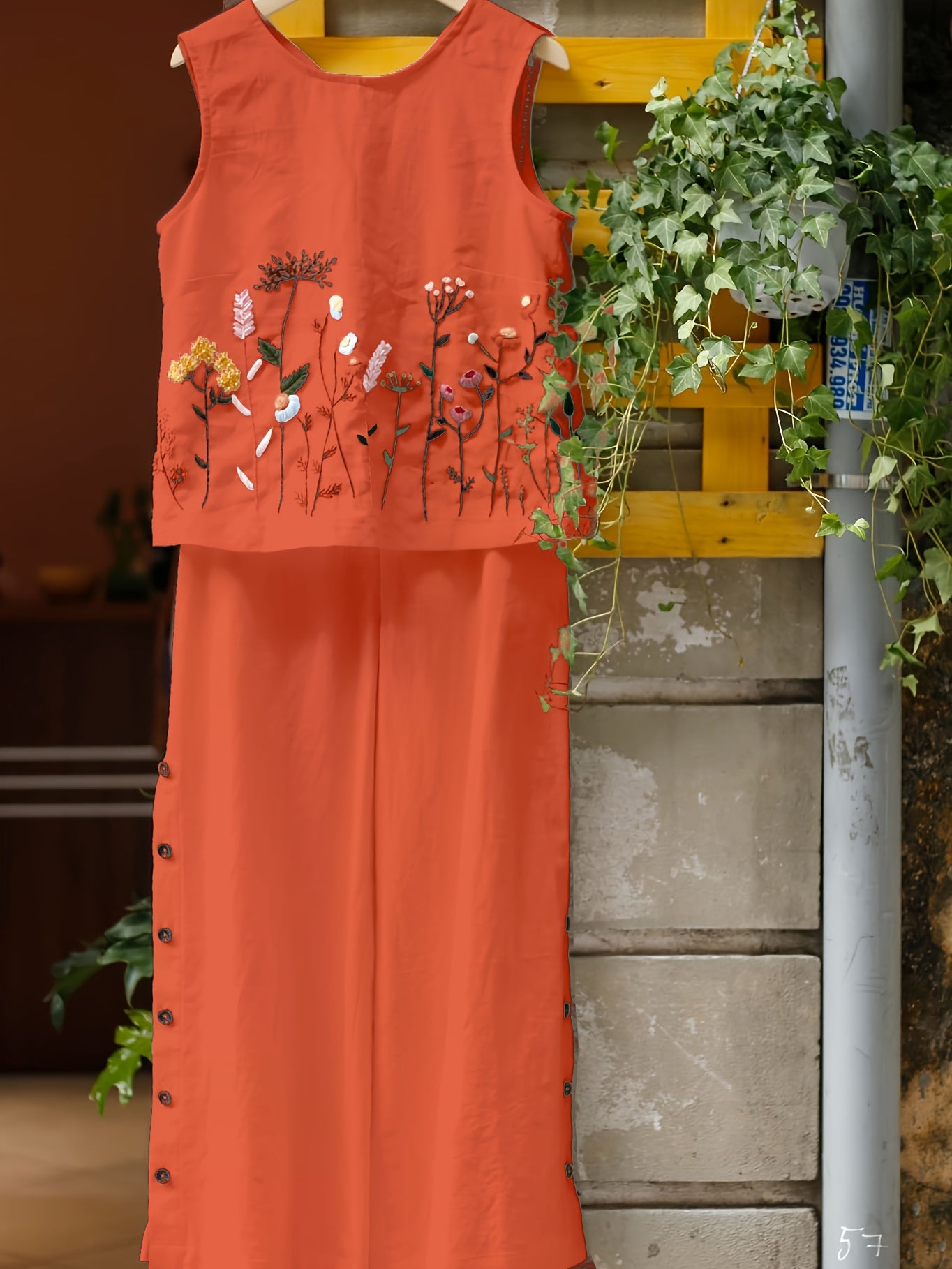 Women'S Elegant Summer Embroidered Jumpsuit - Vibrant Orange, Sleeveless with Floral & Butterfly Design, Wide-Leg Pants, Casual Attire for Spring/Summer, Casual Attire|Butterfly Embroidery|Elegant Jumpsuit