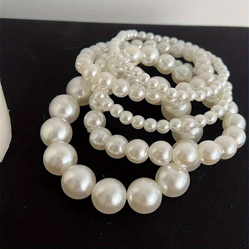5pcs Elegant French-Inspired Acrylic Faux Pearl Bracelet Set - Vintage Chic Multi-Layer Beaded Stacking Wrist Jewelry, Ideal for Daily Wear & Gifting