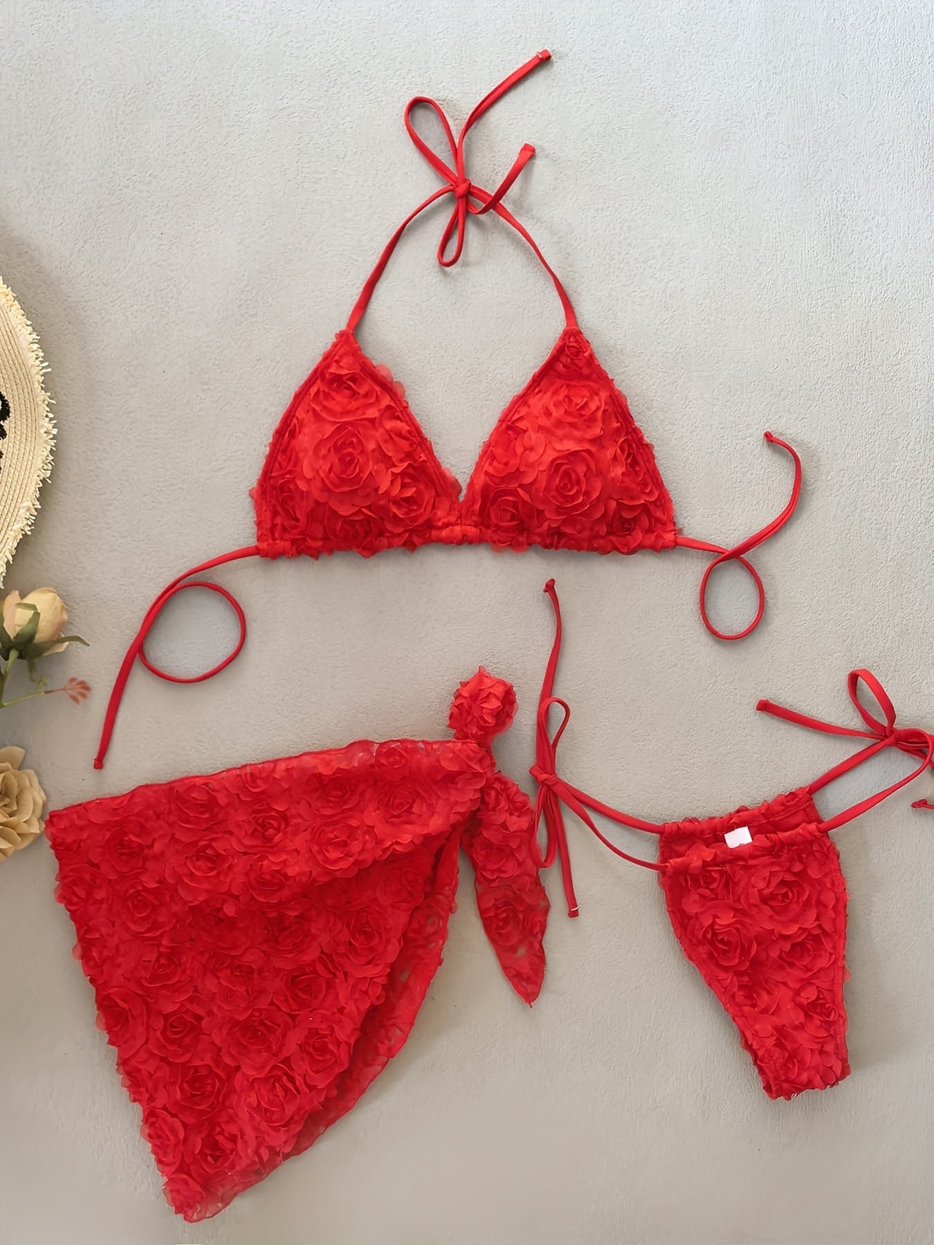 2025 European and American Foreign Trade New Sexy Mesh Flower Three-piece Bikini with Tie Strap Triangle Wrap Women's Swimsuit