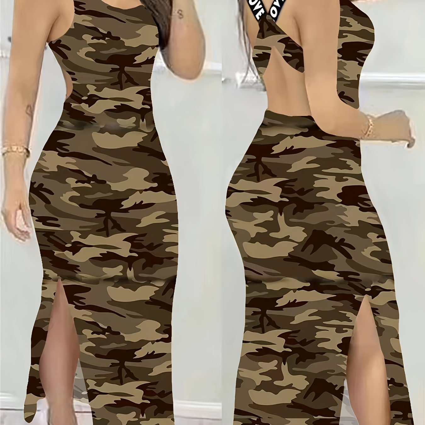 A Stylish Summer Choice, This Sleeveless Backless Dress Features a High Slit And Letter Prints.