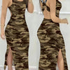A Stylish Summer Choice, This Sleeveless Backless Dress Features a High Slit And Letter Prints.