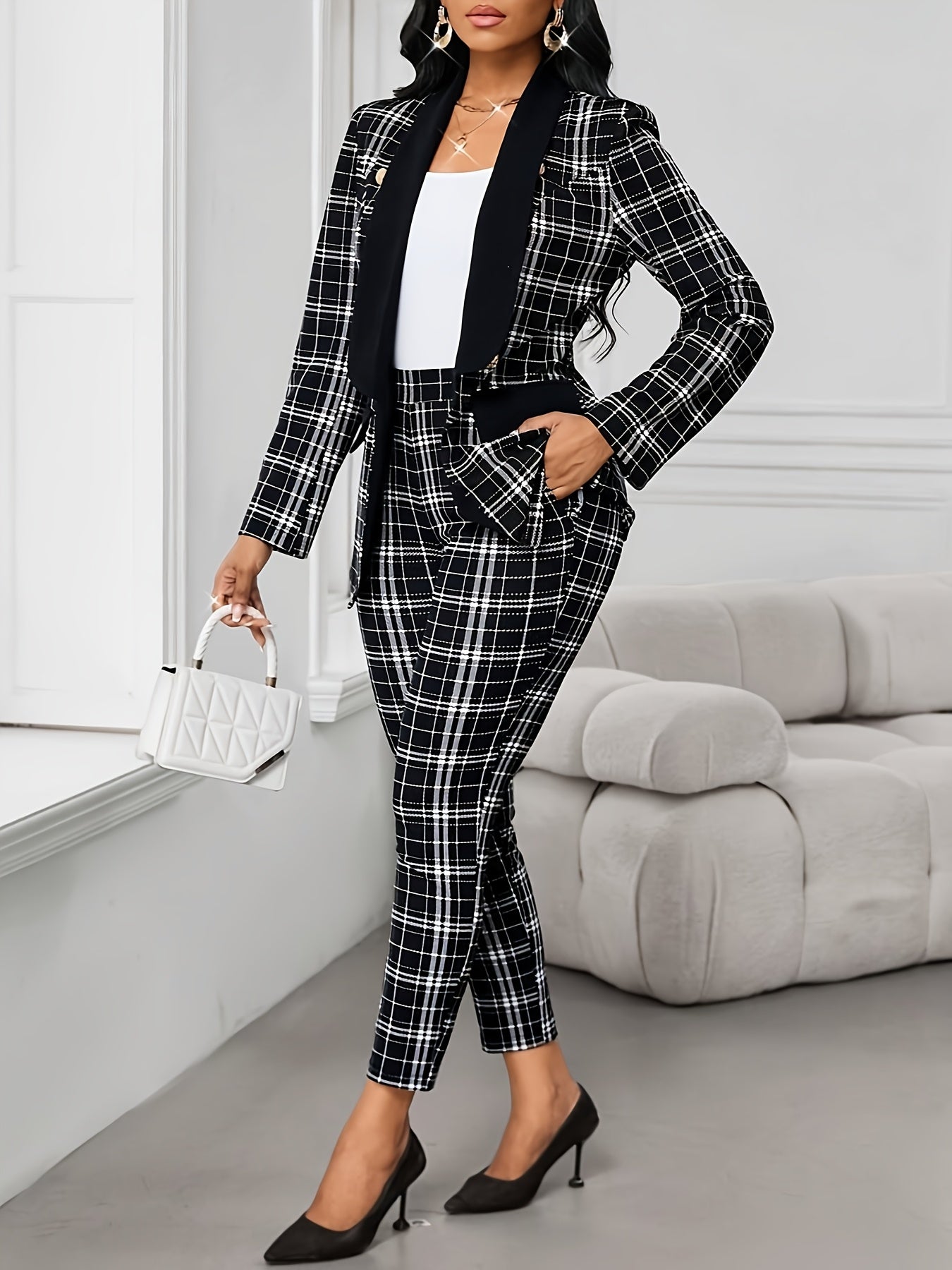 Elegant Geometric Print Plaid Blazer & Pants Set - Black & White Checkered, Long Sleeve, Button-Up, Casual Western Style, Elastic Waist, Pockets, Polyester Blend, Fall & Spring Attire for Women, Casual Attire|Modern Casualwea