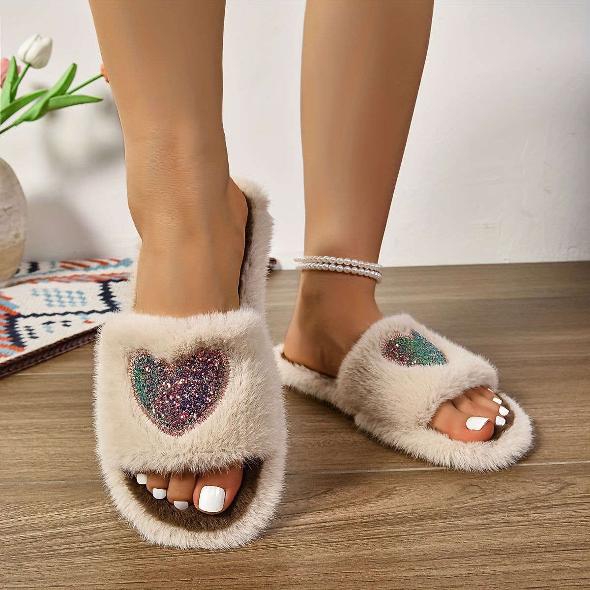 Cozy Heart-Patterned Plush Slippers for Women - Open Toe, Non-Slip Rubber Sole, Warm Indoor Shoes with Fuzzy Trim