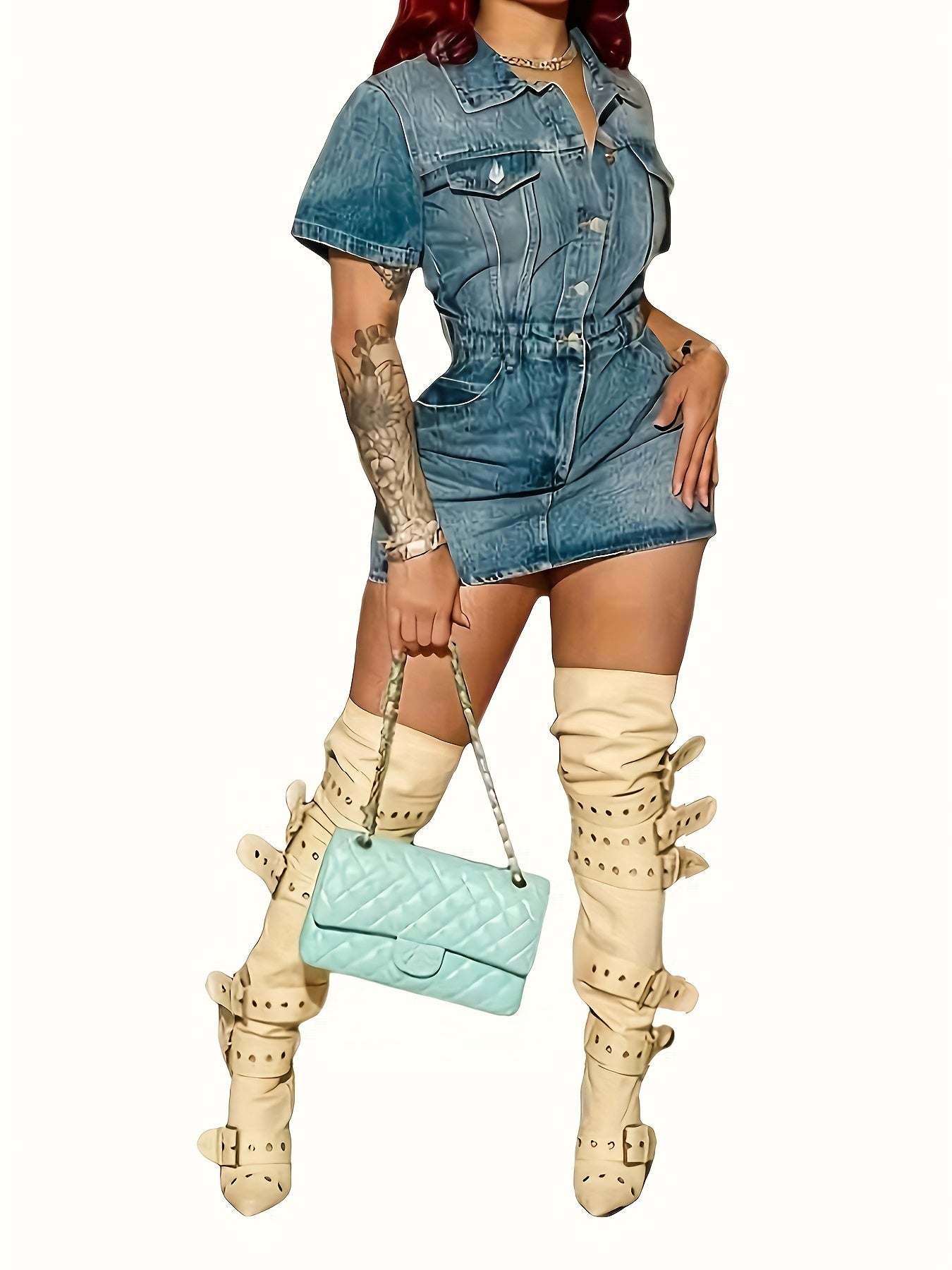 Women's Mini Denim Dress - Sexy Button- Lapel, Short Sleeve, Flap Pockets, Slim Fit, Light Blue Jean Dress for Spring/Summer