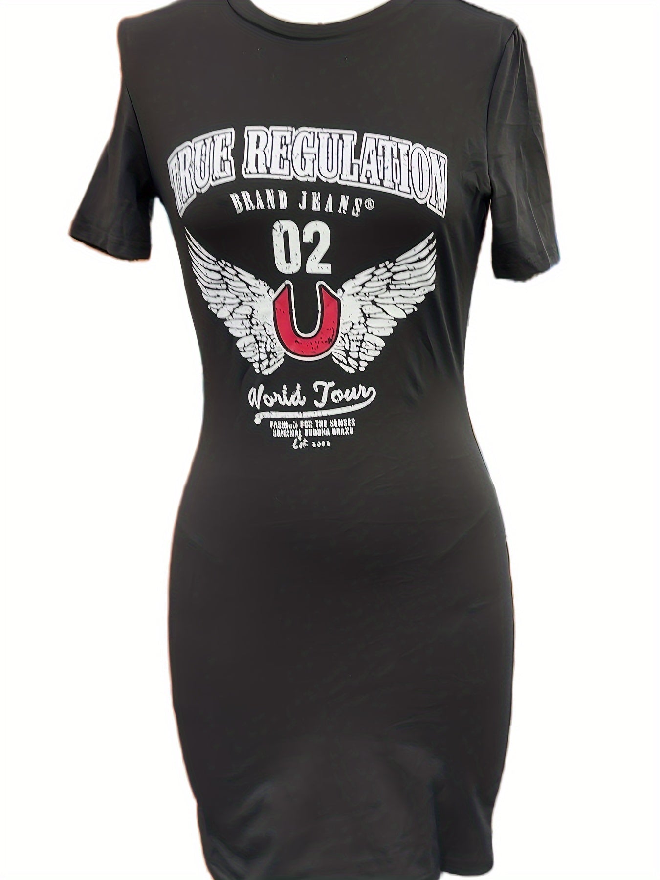 Women'S Summer Bodycon Dress, Casual Crew Neck, 95% Polyester 5% Elastane Knit Fabric, 200g/m², Printed Design, Short Sleeve, Slim Fit - Black