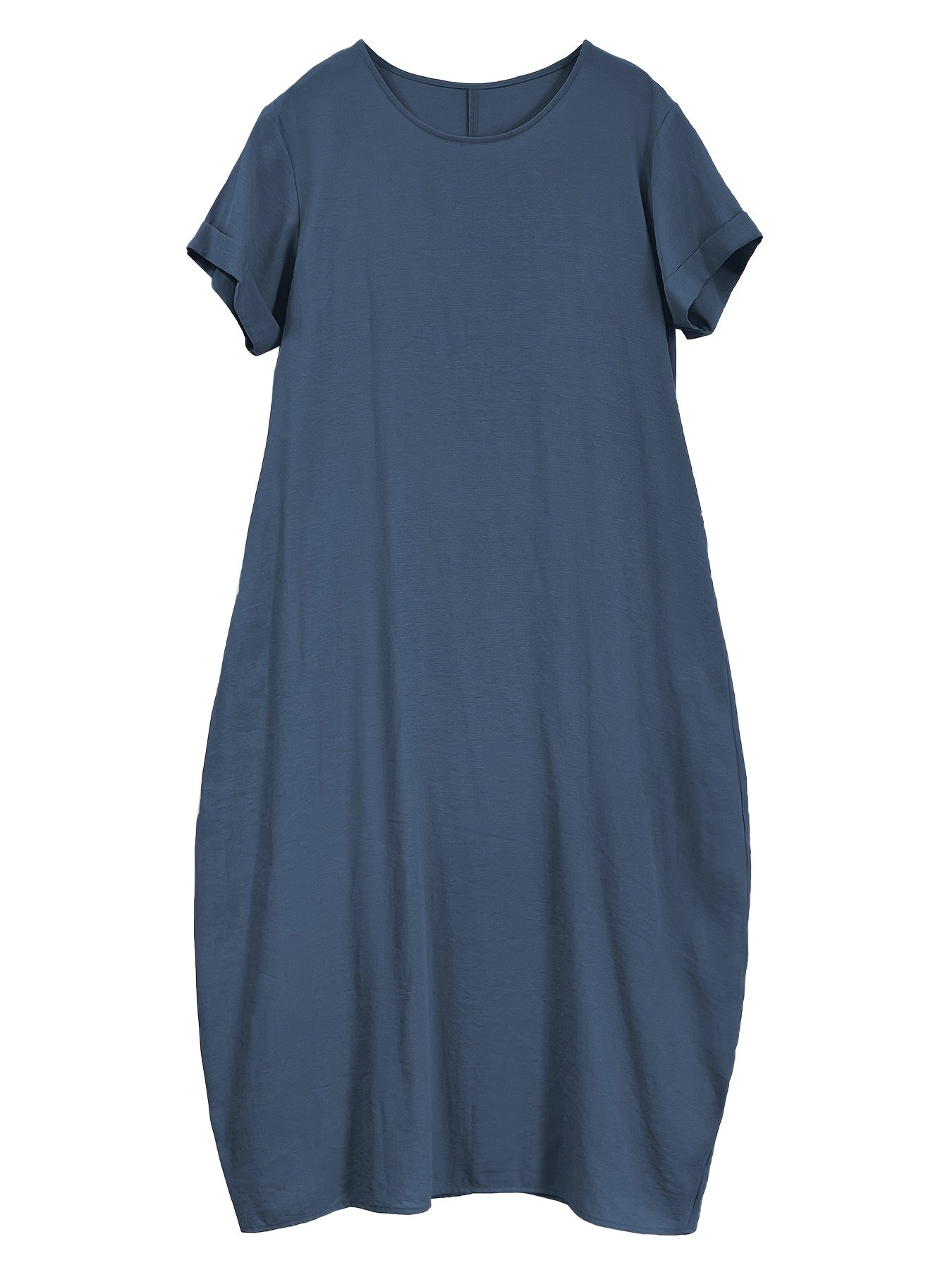 Women's New Summer Round Neck Short Sleeve Loose Dress with Pocket, Elegant and Pure Color Mid-Long Casual Skirt