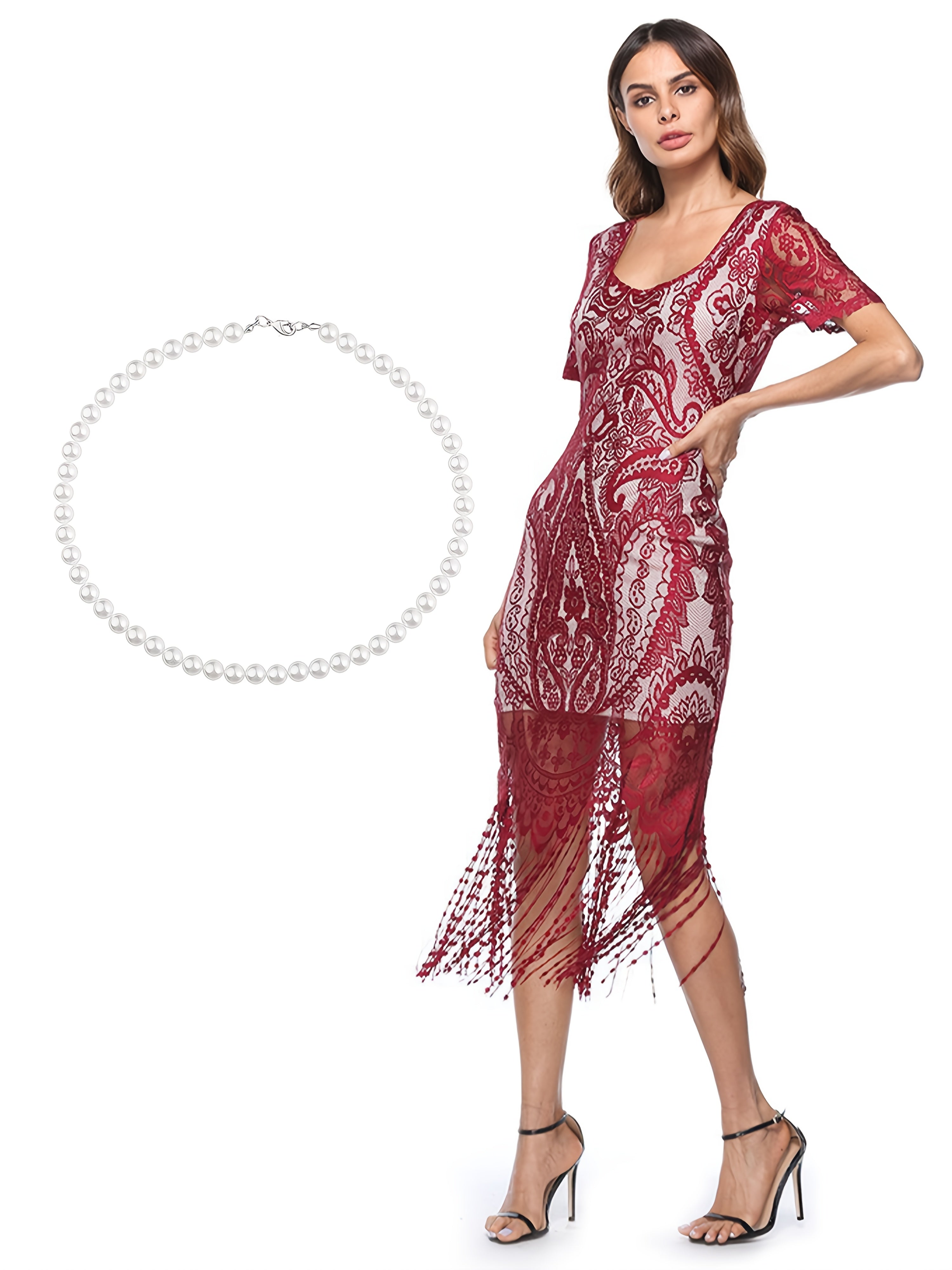 Vintage V-Neck Tassel Lace Dress Prom Party Mesh With Pearl Necklace Gown Dress Set