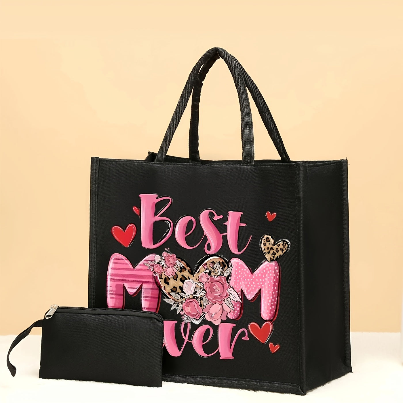 2pcs Elegant Polyester Tote Bags And Purse, "Best Mom Ever" Print Bag - Large Capacity, Fashionable Design - For Women - Perfect for Travel, Shopping & Everyday Use - Ideal Gift for Mother's Day