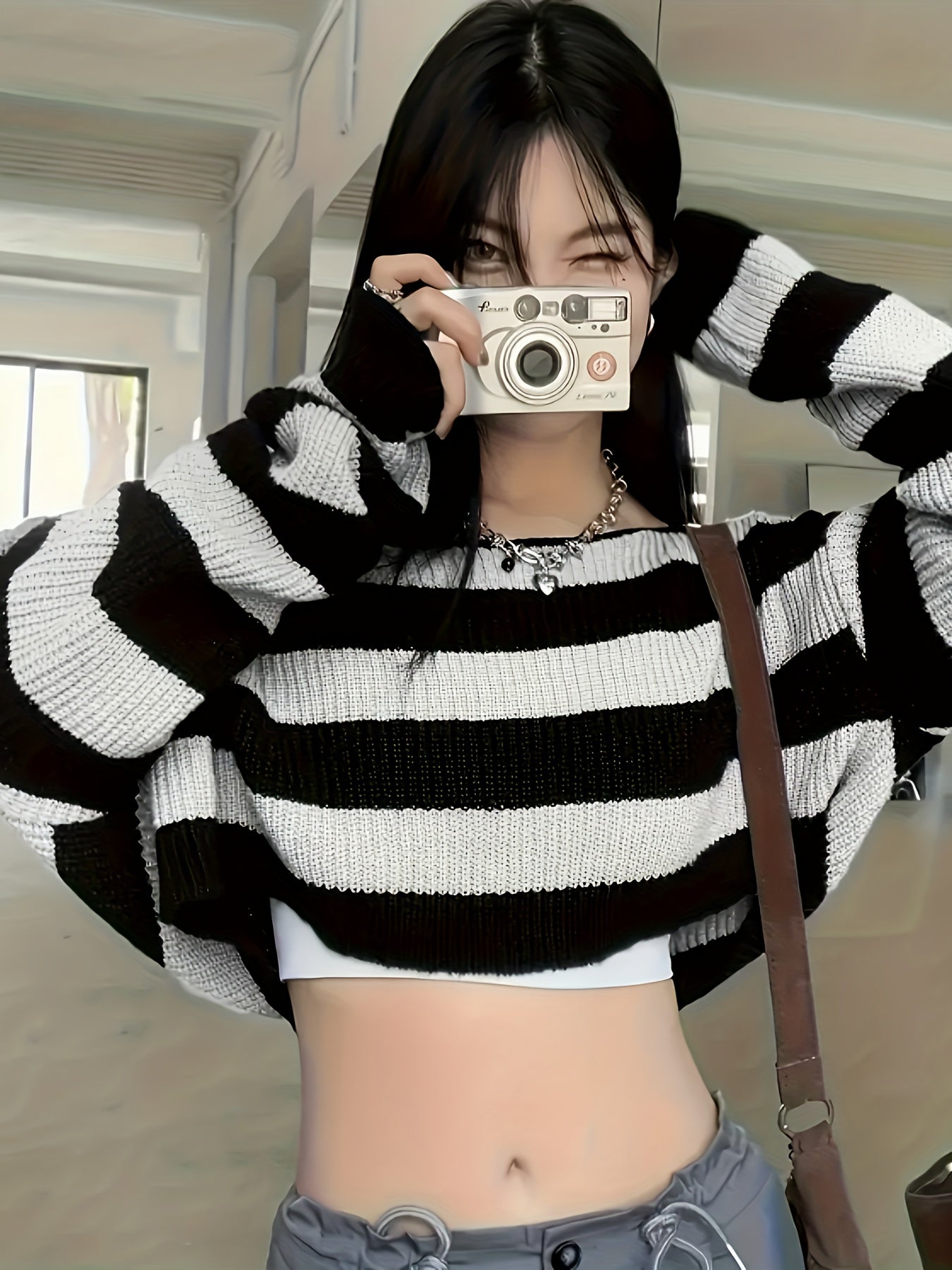 Chic Striped Crop Sweater for Women - Long Sleeve, Round Neck, Polyester Knit Pullover