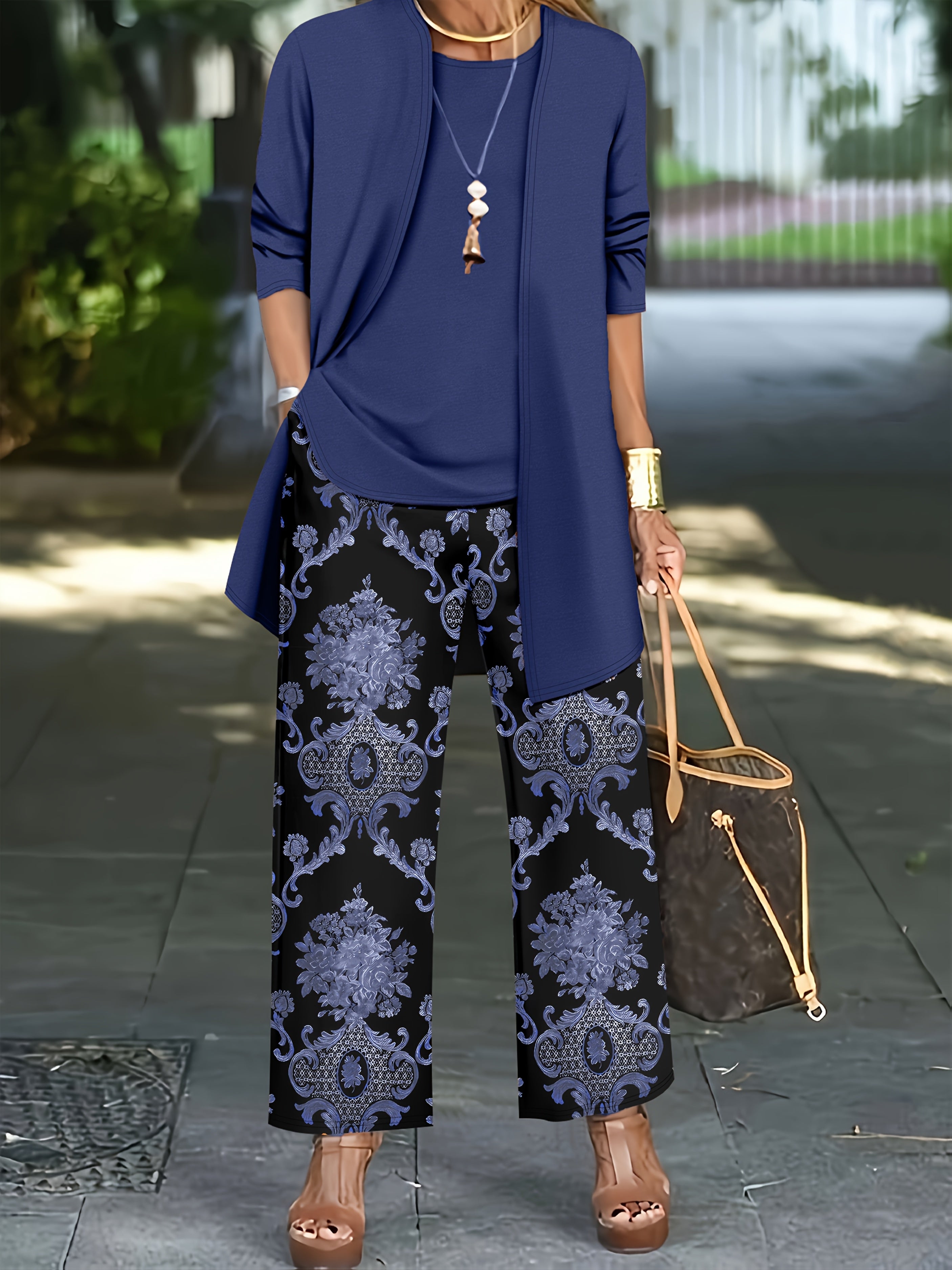 Women'S Elegant Plus Size Solid Color Cardigan and Tank Top Set with Paisley Print Pants - Stylish Three-Piece Outfit for Casual Attire, Casual Attire|Paisley Print Pants|Stretchy Fabric, Plus Size Clothing