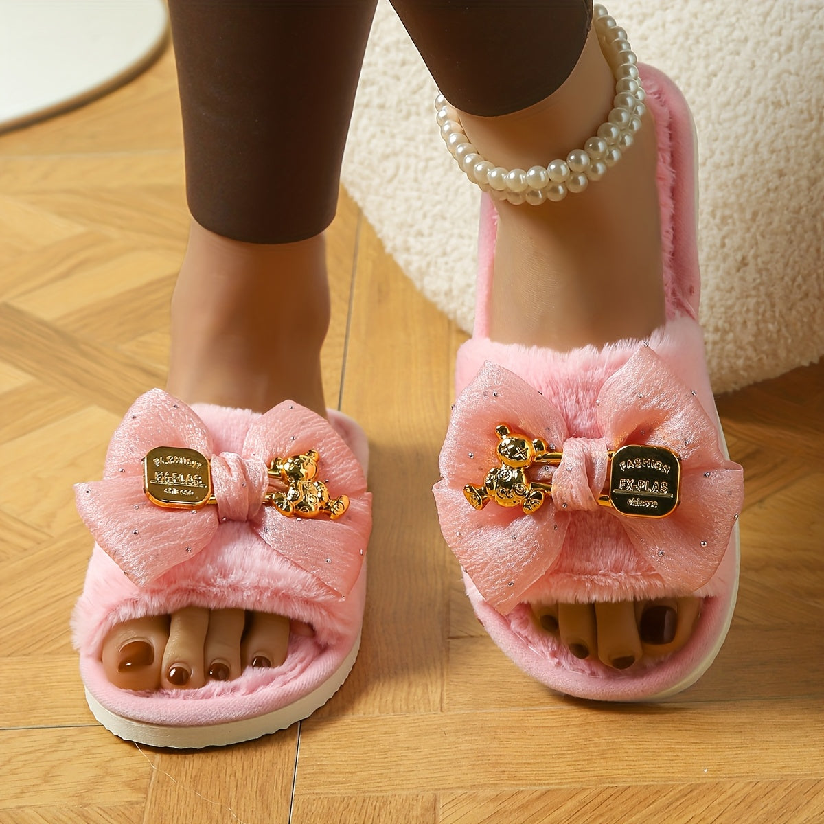 [Pink Plush Slippers] Comfortable Pink Plush Women's Slippers with Bow and Bear Decor | Fashionable Satin Flat Sandals, Indoor House Shoes for Spring and Summer, EVA Sole, All-Season Wear