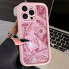 A Shockproof Full Coverage Protective Case Featuring a High Bamboo Pink Rose And Golden Dollar Design, Compatible with Apple Iphone Models 6 Through 16 Pro Max.