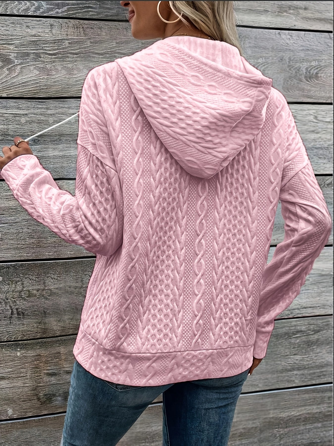 Women's Elegant Pullover Hoodie, Polyester Knit with Cable Pattern, Regular Length, Button Detail, Casual Sweatshirt for Fall/Winter Season
