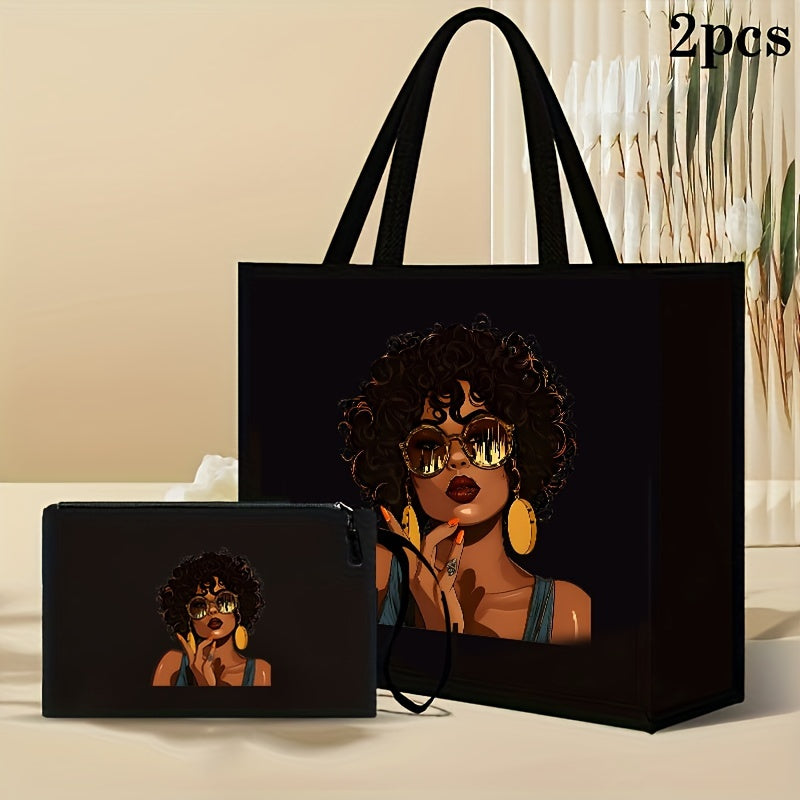 Elegant beauty print satchel set, 2pcs lady portfolio handbag, with makeup bag, lightweight and large capacity, very suitable for work, school, shopping, gifts