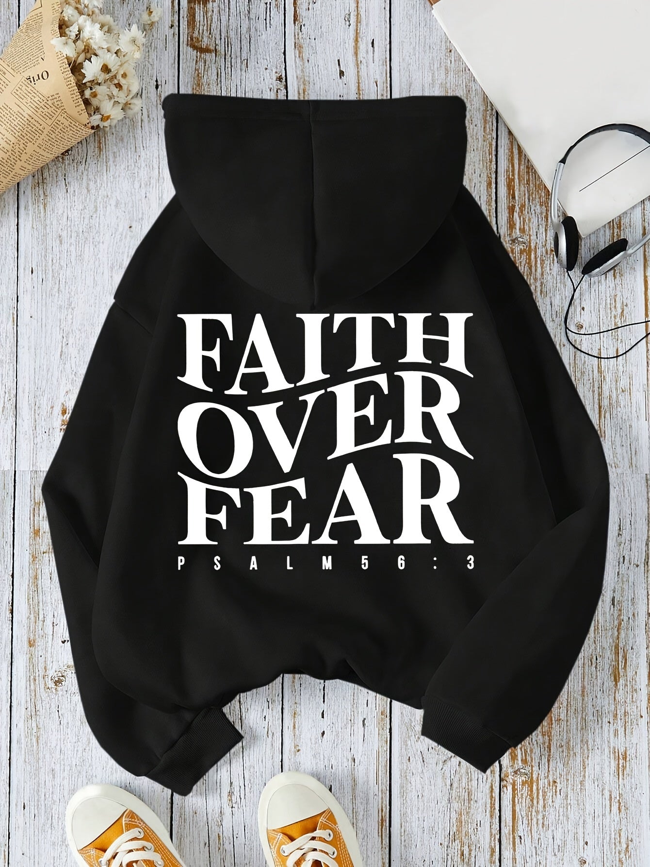 Faith Over Fear Inspirational Hoodie - Long Sleeve Sweatshirt with Kangaroo Pocket and Adjustable Drawstring