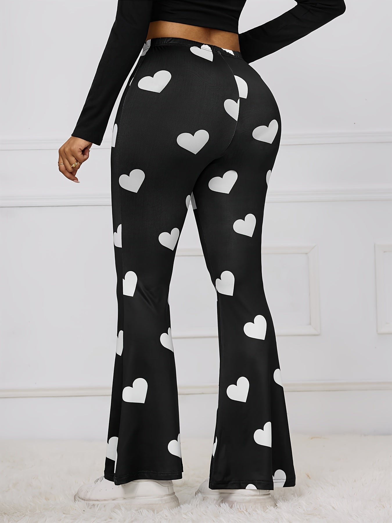 Stylish Heart Print Flare Leg Pants - High Waist, Casual, Versatile, Comfortable, and Chic Womens Clothing for Spring and Summer - Perfect for Daily Wear, Outdoor Activities, and Travel