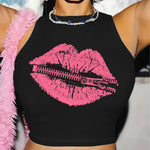 Women's Y2K-Inspired Lips Print Crop Top - Casual Black Sleeveless Tank with Pink Zipper Detail, Breathable Polyester Blend, Machine Washable for Summer