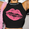 Women's Y2K-Inspired Lips Print Crop Top - Casual Black Sleeveless Tank with Pink Zipper Detail, Breathable Polyester Blend, Machine Washable for Summer