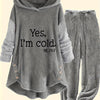 Cozy Women's Gray Fleece Hoodie & Jogger Set - "YES, I'M COLD" Print, Long Sleeves with Button Detail, Casual Polyester Outfit for Fall & Winter, Machine Washable, Jogging Pants