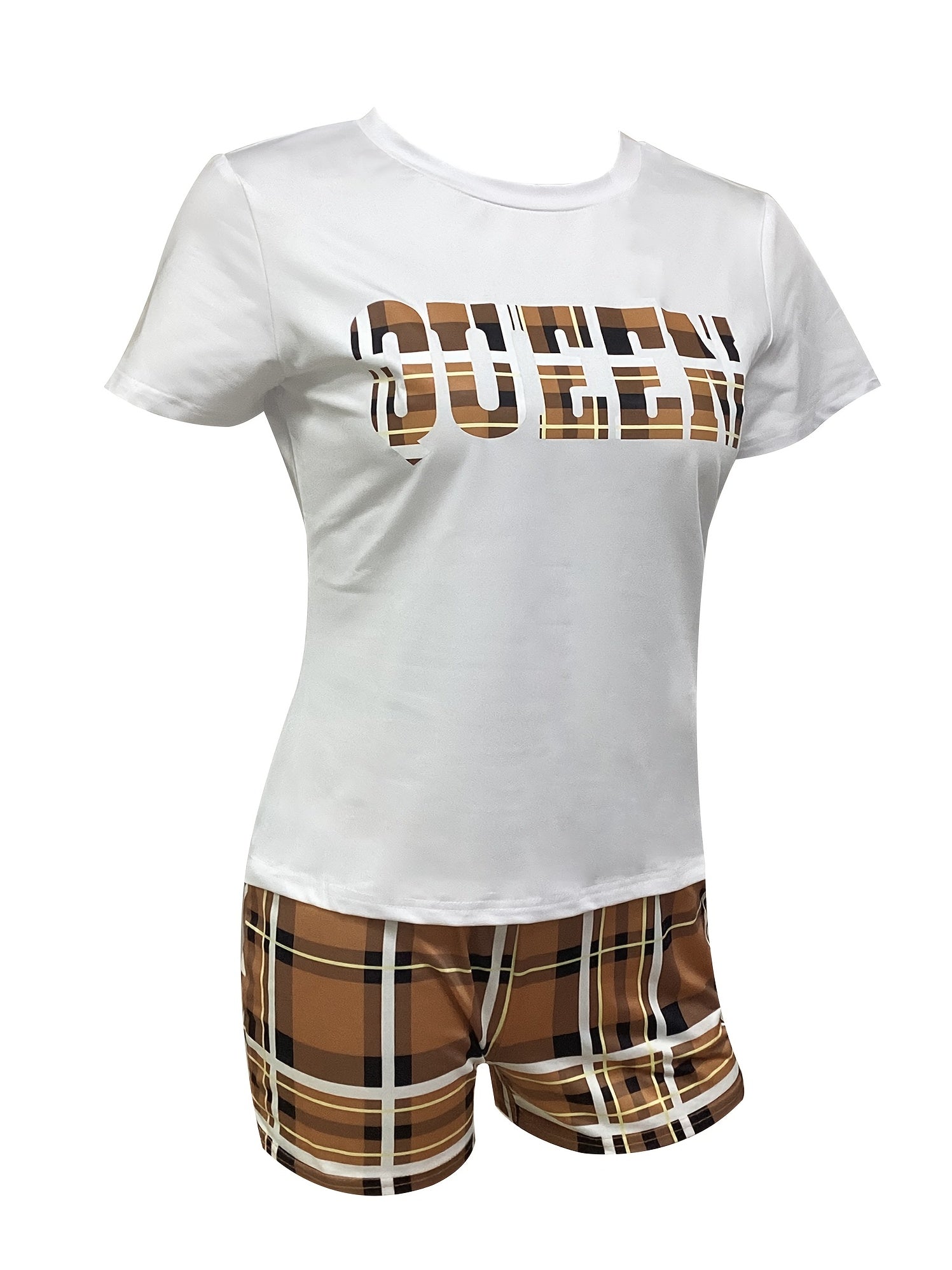 Casual Spring & Summer Two-piece Set, Queen Letter Print Short Sleeve Tee & Plaid Slim Shorts Outfits, Women's Clothing