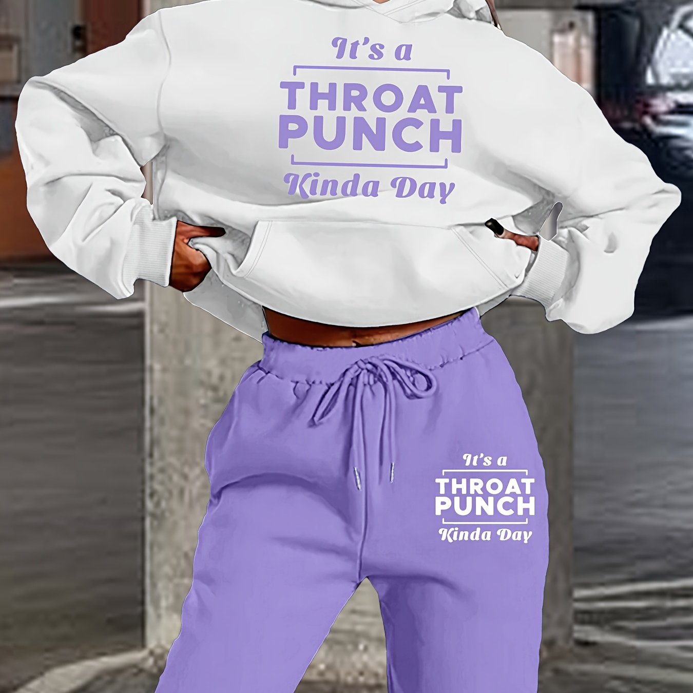 Women's Fashionable Athletic Two-Piece Set: White Hoodie with "THROAT PUNCH" Print & Blue Joggers with Drawstring - Casual, Trendy Streetwear, Polyester, Relaxed Fit Clothing|Playful Graphic Print|Glossy Fabric