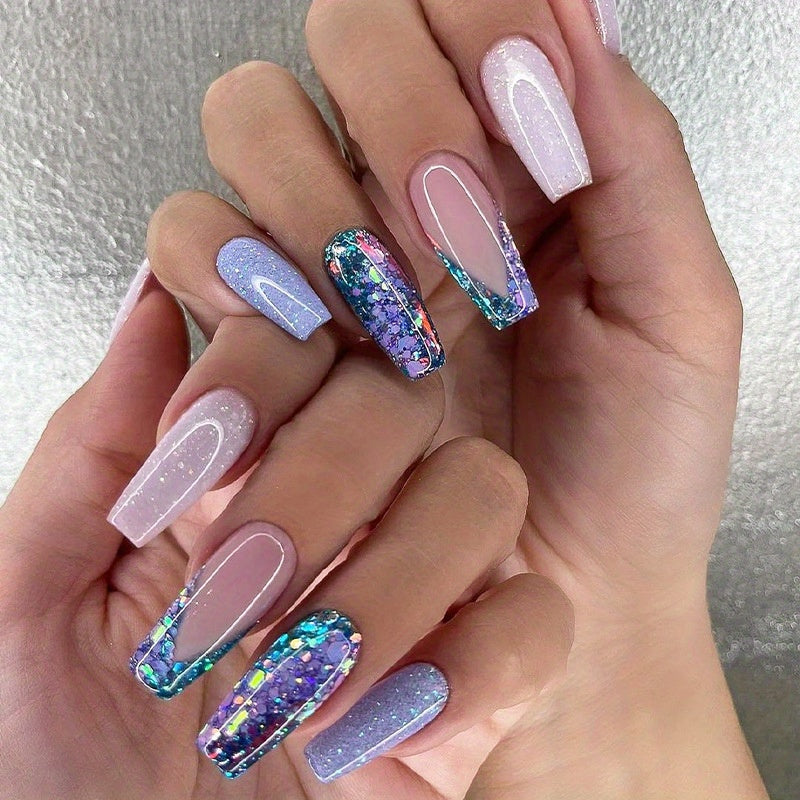 96PCS (4pcs) False Nail Stickers, French Flash Simple and Fashionable Solid Color False Nails for Manicure and Medium and Long Length European and American Flash French Manicure Pink and Sweet Flower Wearing Nails