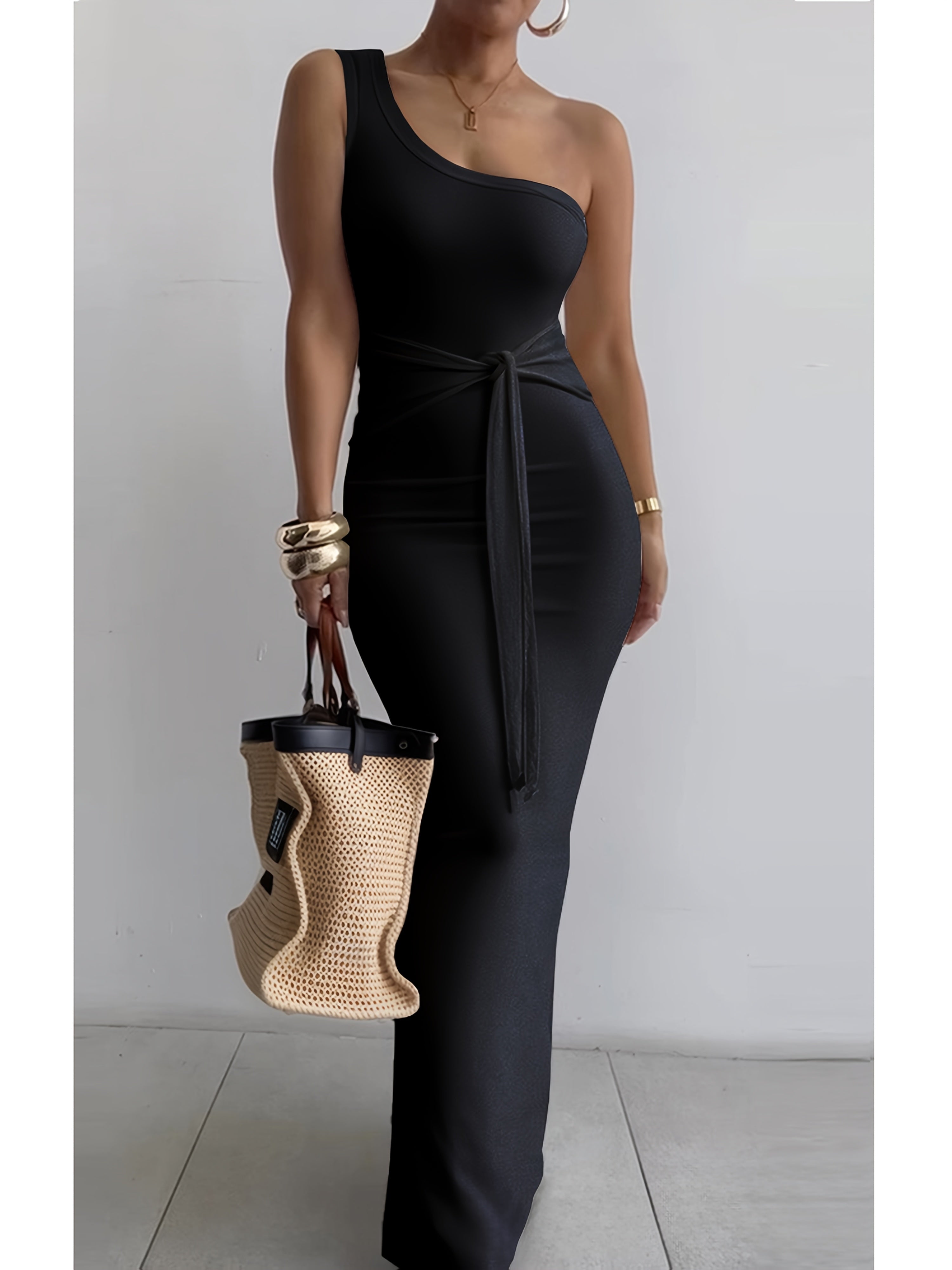 Women's Summer One-Shoulder Waist Tie Slim-Fit Pencil Dress - Sleeveless Elegant Solid Blue Long Dress for Casual & Formal Occasions