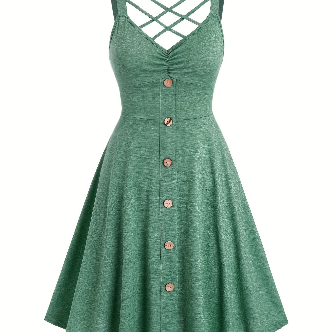 [Ruched V-neck Tank Dress] Button Decor Ruched V-neck Tank Dress, Versatile Sleeveless Criss Cross Dress For Spring & Summer, Women's Clothing
