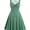 [Ruched V-neck Tank Dress] Button Decor Ruched V-neck Tank Dress, Versatile Sleeveless Criss Cross Dress For Spring & Summer, Women's Clothing