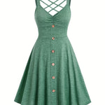 [Ruched V-neck Tank Dress] Button Decor Ruched V-neck Tank Dress, Versatile Sleeveless Criss Cross Dress For Spring & Summer, Women's Clothing