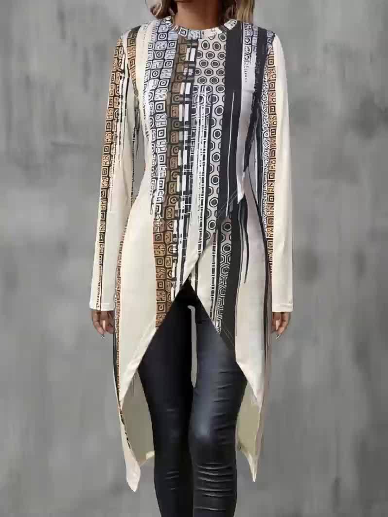 Women's Elegant Long Sleeve Top with Geometric and Striped Print - Round Neck, Asymmetrical Hem, Lightweight Polyester Blend for Spring, Fall, and Winter