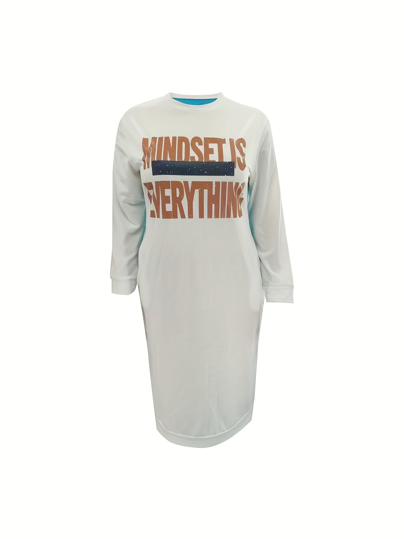 Plus-Size Casual Dress for Women, Featuring a Stylish Printed Color-Blocked Design with a Slit, Resembling a Sweatshirt Dress.