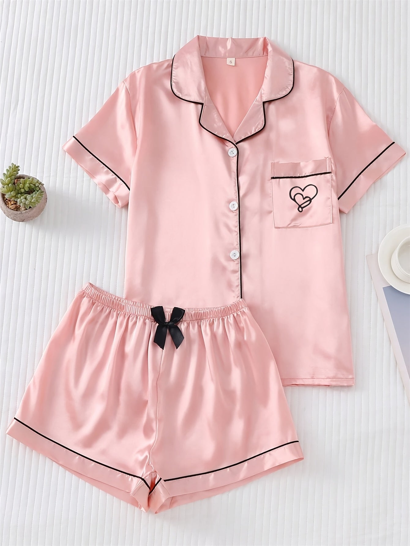 6pcs Colorful Satin Women'S Pajama Set, Short Sleeve Embroidered Lapel Top and Bowknot Shorts, Women'S Pajamas and Home Clothes