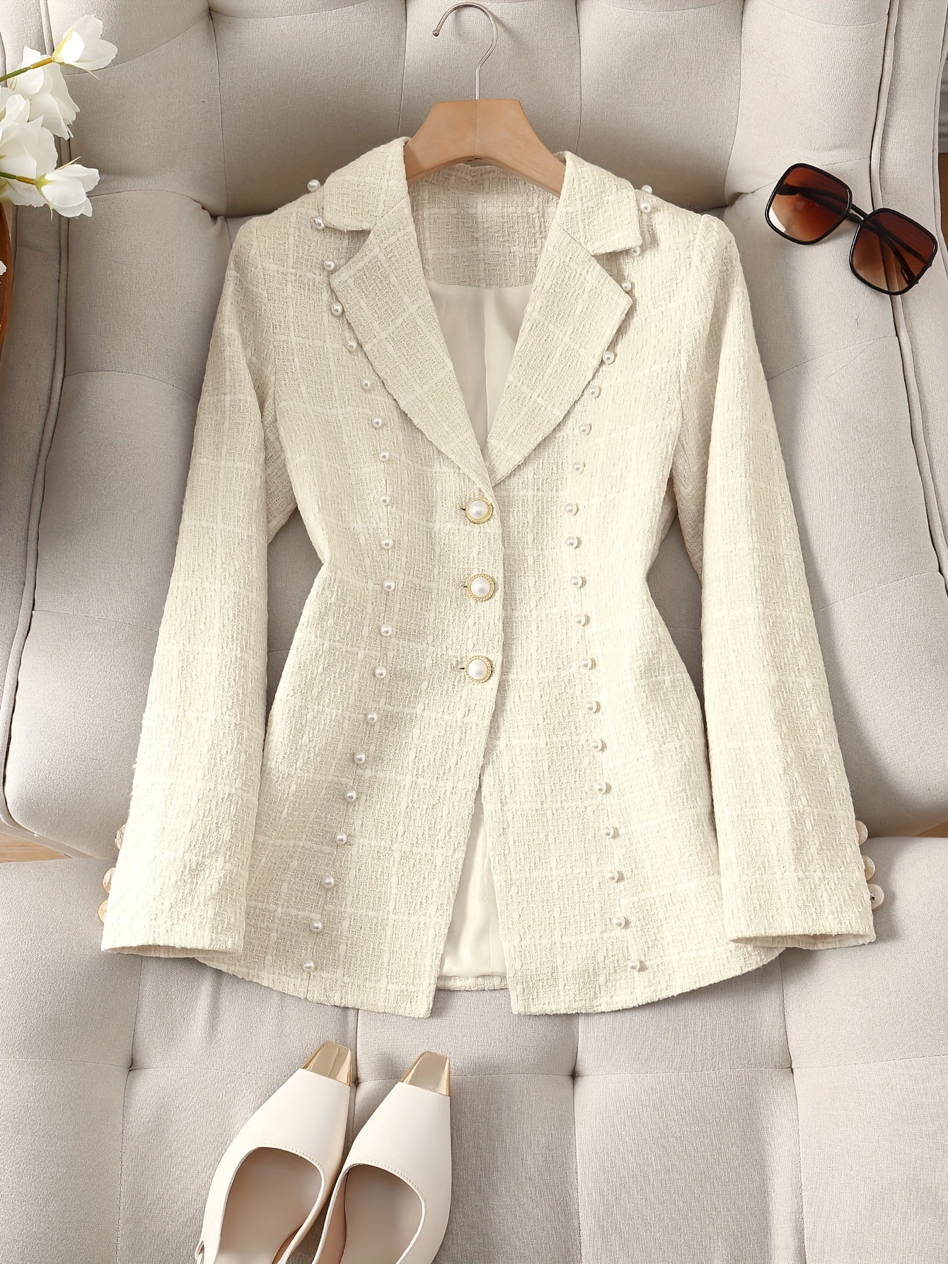 Luxurious Pearl Button Blazer - Chic Open Front, Stretchy Polyester & Spandex Blend, Machine Washable, Versatile for Spring and Fall Seasons, Perfect for Work, Date Night, or Special Occasions