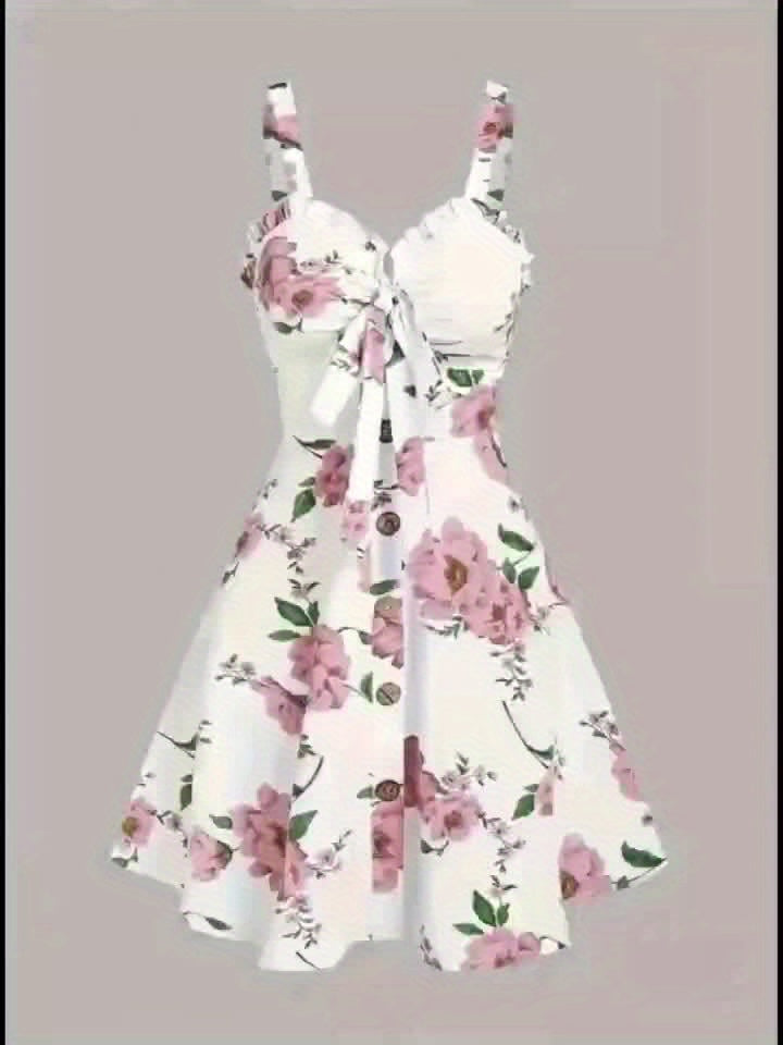 Floral Print Knotted Front Flared Dress, Elegant Sleeveless V Neck Cami Dress For Spring & Summer, Women's Clothing