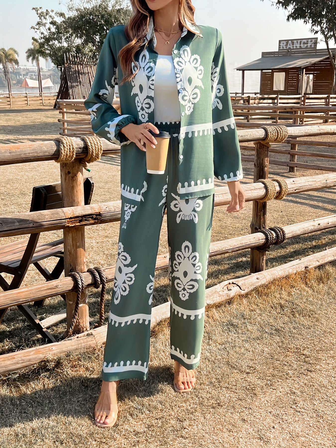 2pcs Elegant Special Set for Women with Random Print Front Button Long Sleeve Top and Pants Casual Suit