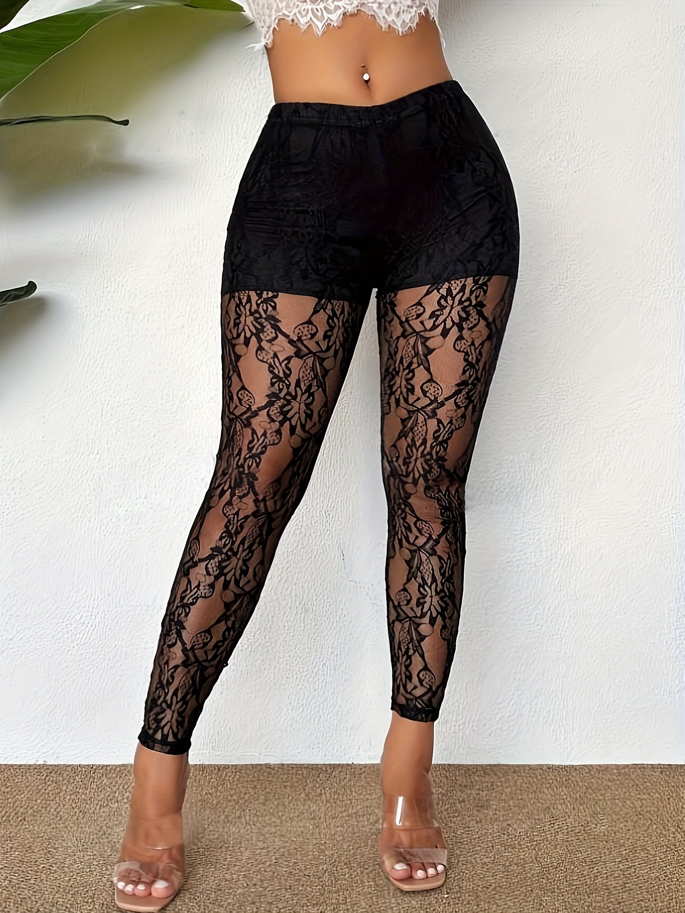 Women's Sexy Contrast Lace Semi-Sheer Leggings - High Waist, Stretch Fit, Black Floral Pattern, Machine Washable, All-Season Style