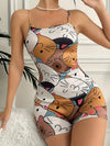Women's Cute Cat Print Spaghetti Strap One-Piece Lounge Bodysuit, Casual Sleeveless Animal Pattern Cami Top Romper For Summer