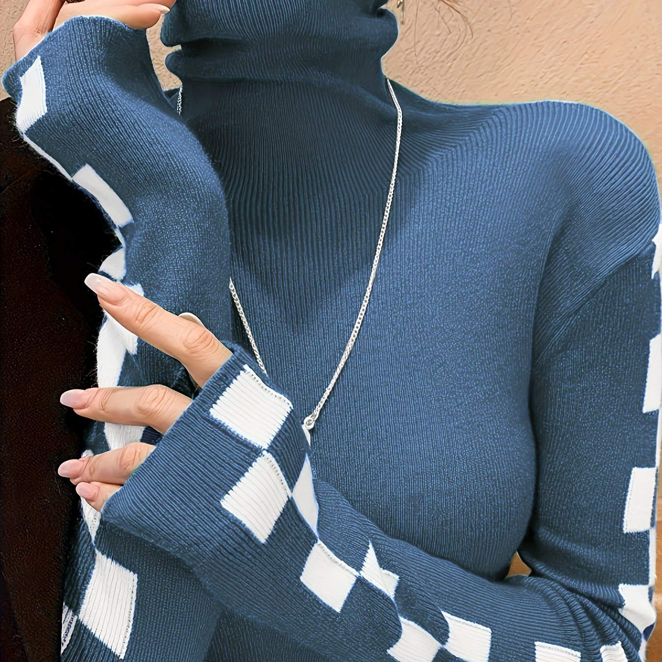 Elegant Red & White Checkered Turtleneck Sweater for Women - Slim Fit, Casual Knit Pullover with Contrasting Trim, Perfect for Fall/Winter