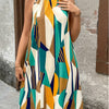Elegant Off-Shoulder Geometric Print Dress - Sleeveless, Knee-Length Polyester Vacation Wear for Women