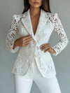 Elegant Lace Single-Breasted Blazer with Flap Collar - White Polyester, Long Sleeve, Button-Up, Spring/Summer Fashion, Elegant Attire|Flap Collar Blazer|Polyester Blazer