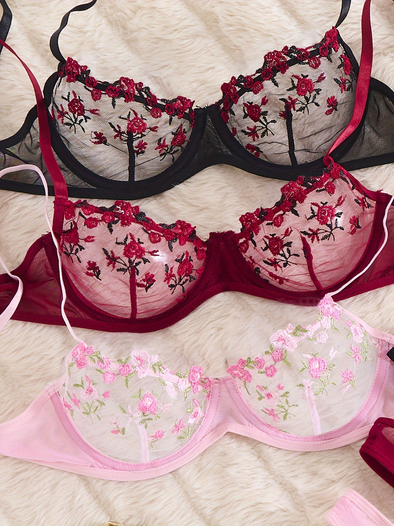 3 Sets Sexy Floral Embroidery Lingerie - Semi Sheer Mesh Cami Bra & Panties Set for Women - Comfortable, Breathable, and Romantic Underwear for Daily Wear