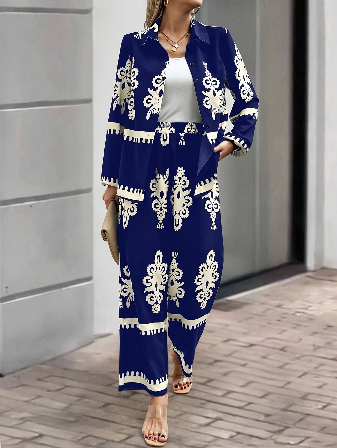 2pcs Elegant Special Set for Women with Random Print Front Button Long Sleeve Top and Pants Casual Suit
