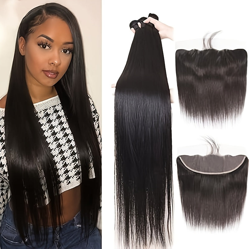 Human Hair Straight Human Hair Bundles With Human Hair 13*4 Lace Frontal Closure 100% Unprocessed Brazilian Virgin Human Hair Bundles With Straight Human Hair Closure Natural Black Elegant Fashion For Black Women