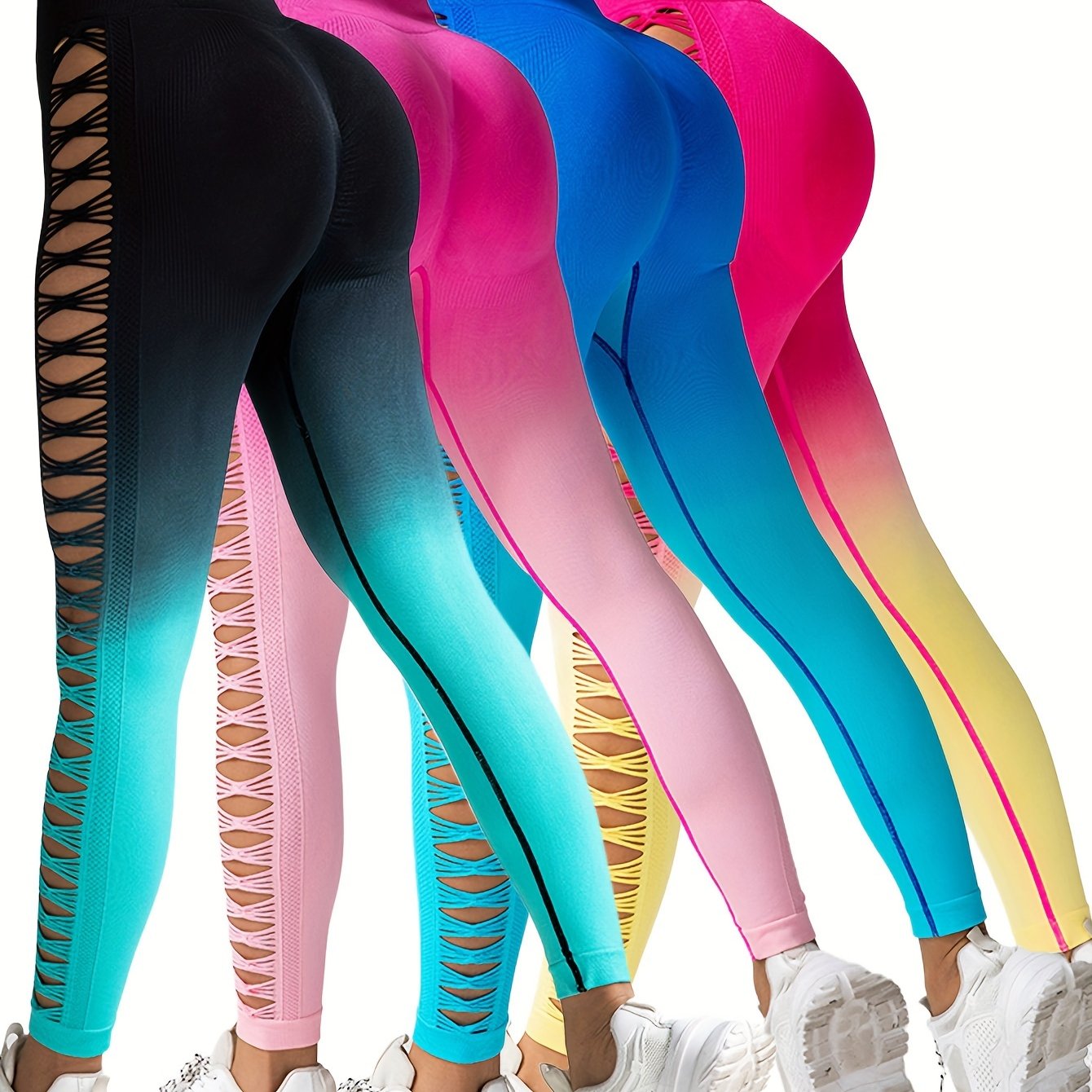 4 Pack Women's Gradient Butterfly Hollow Butt Lifting Yoga Leggings High Waisted Yoga Pants, Workout Gym And Casual Running Yoga Skinny Tights