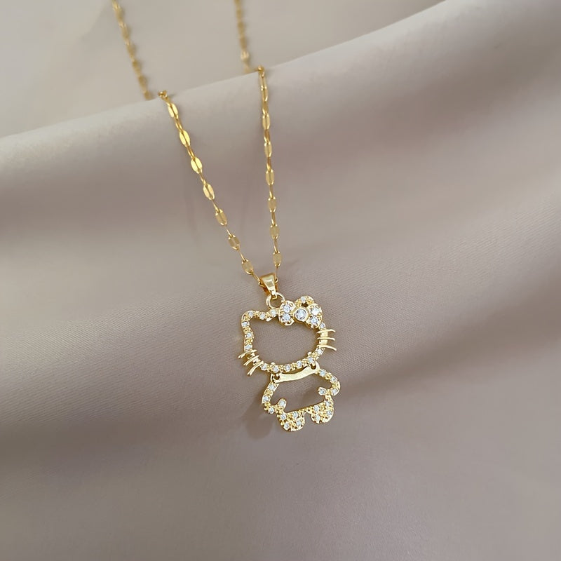 Elegant Sanrio Hello Kitty Golden Pendant Necklace - Chic Stainless Steel with Sparkling Synthetic Gems, Perfect for Weddings & Daily Wear, All-Season Versatile Clavicle Chain